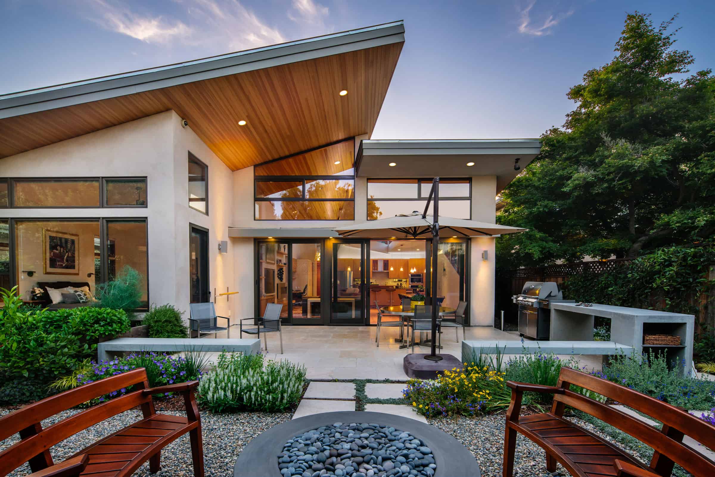 Mountain View contemporary residence, great room open to backyard landscape